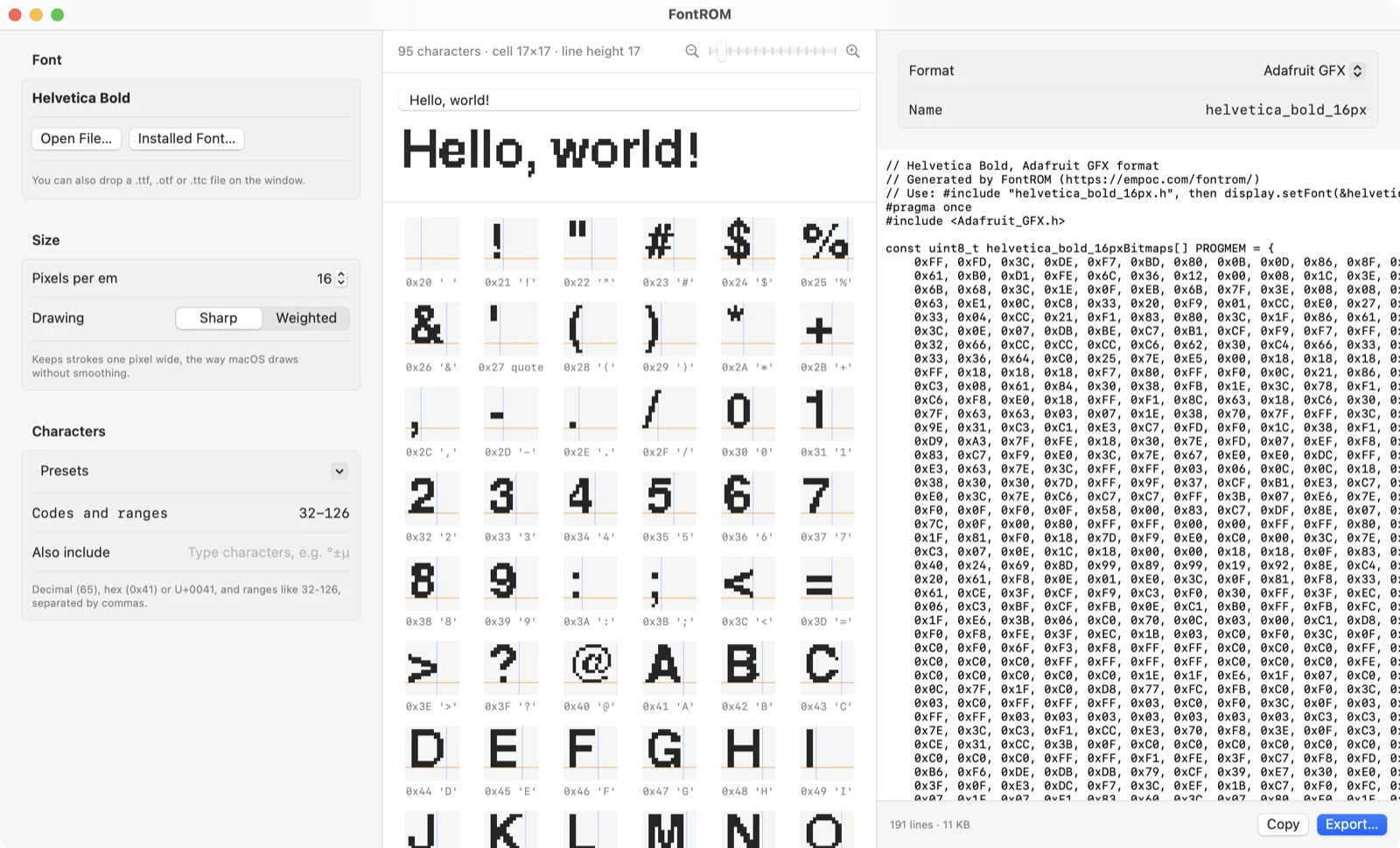FontROM converting Helvetica Bold at 16 pixels: settings on the left, every character as pixels in the middle, and the Adafruit GFX code on the right