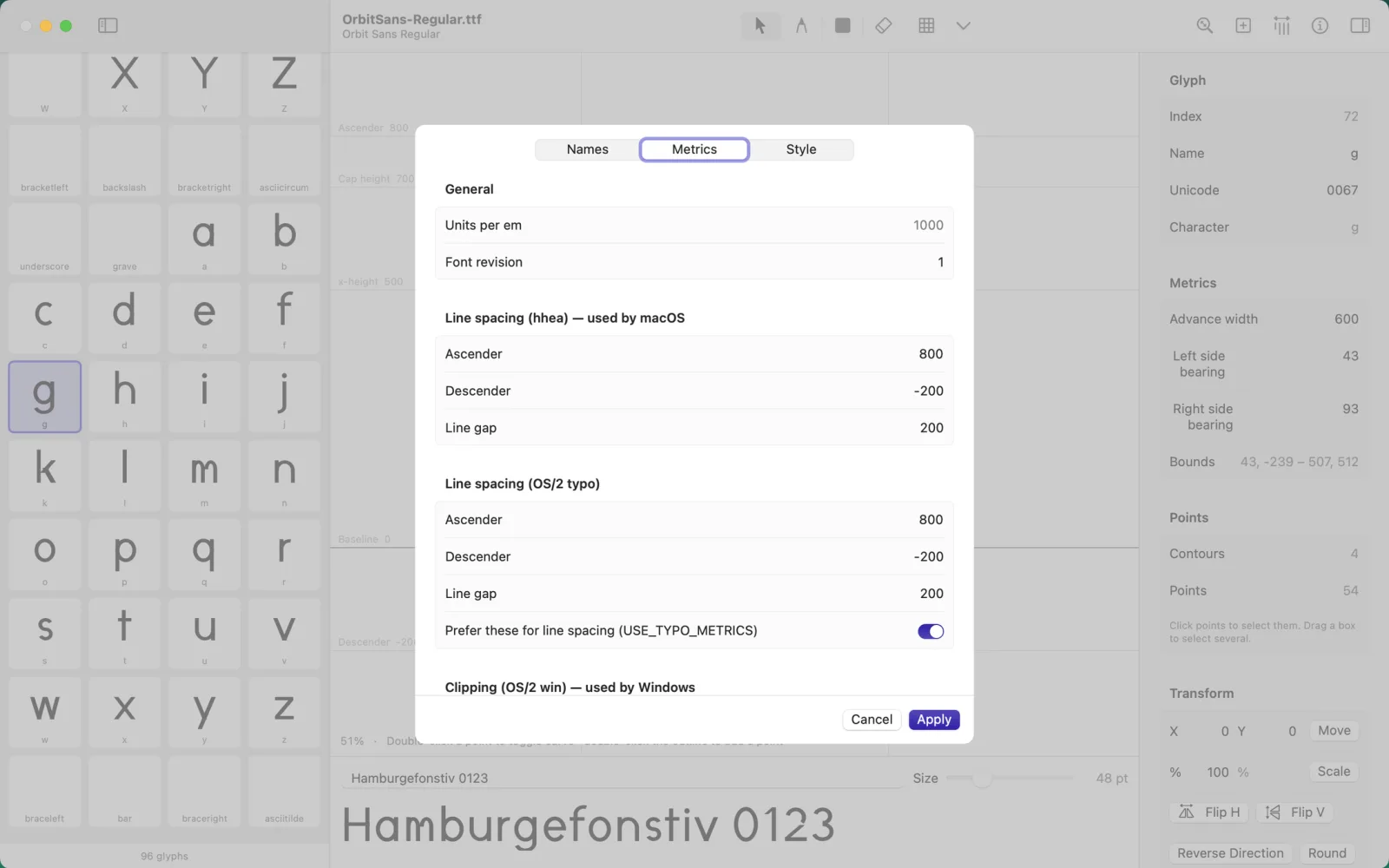 The Font Info window with name fields and vertical metrics