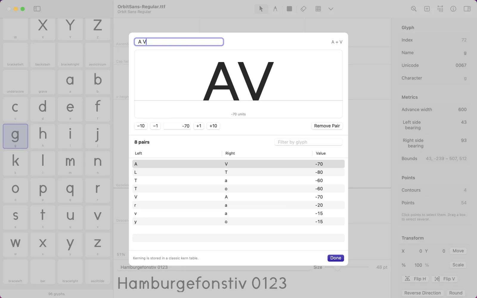 The Kerning window adjusting the pair AV, with a list of kerning pairs