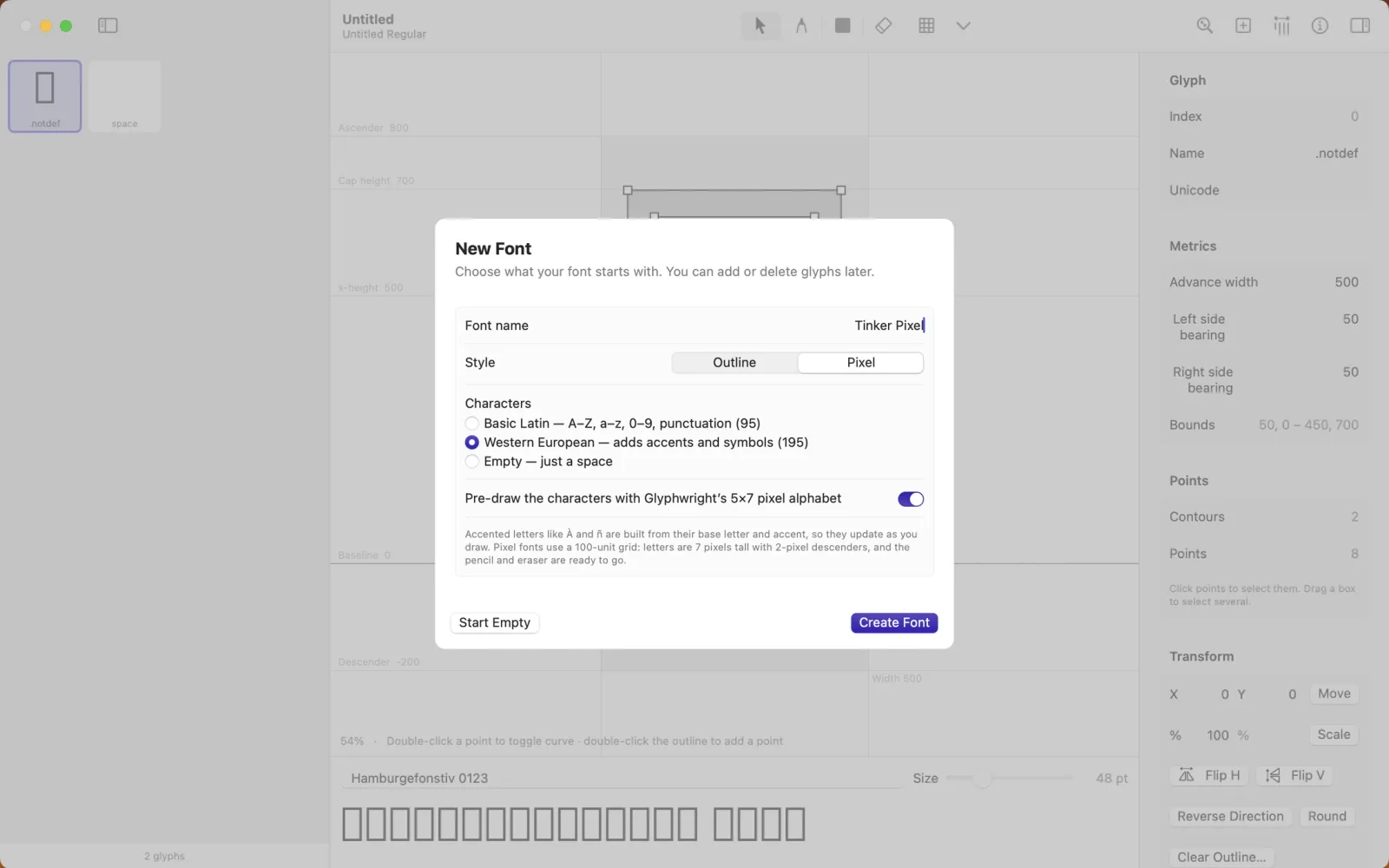 The New Font sheet with style and character set options