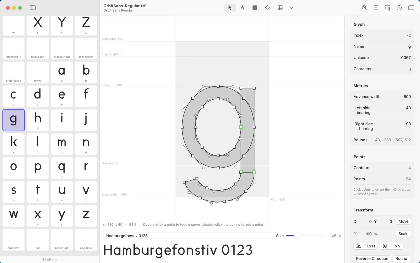 Glyphwright editing the outline of a letter with its points and handles showing