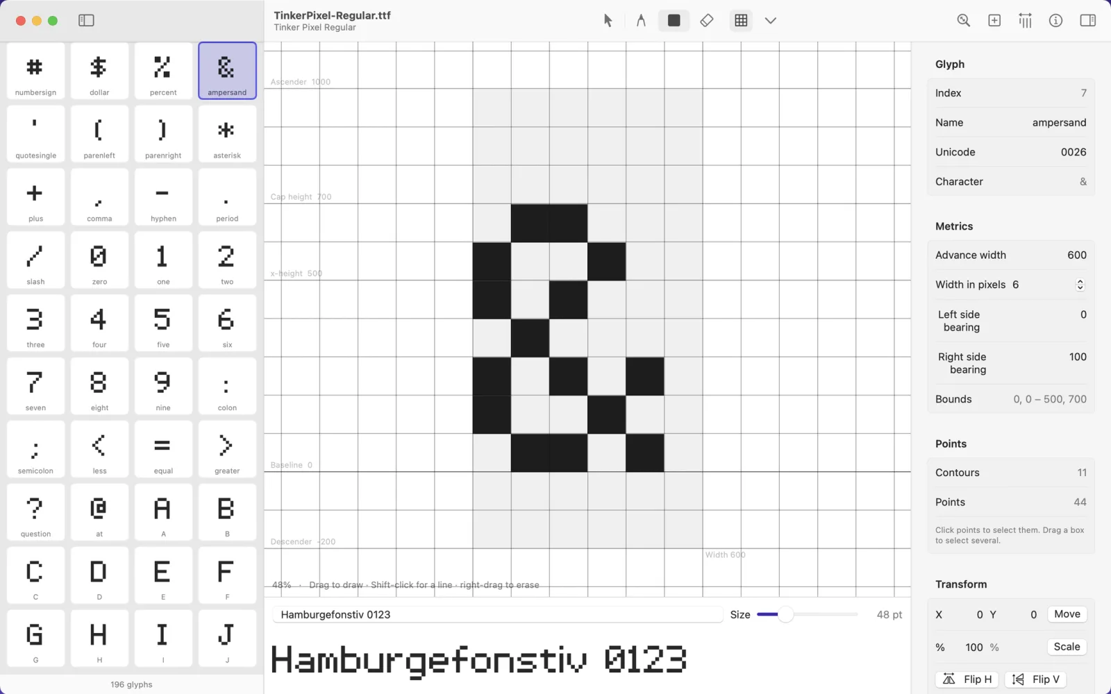 Glyphwright editing an ampersand on a pixel grid