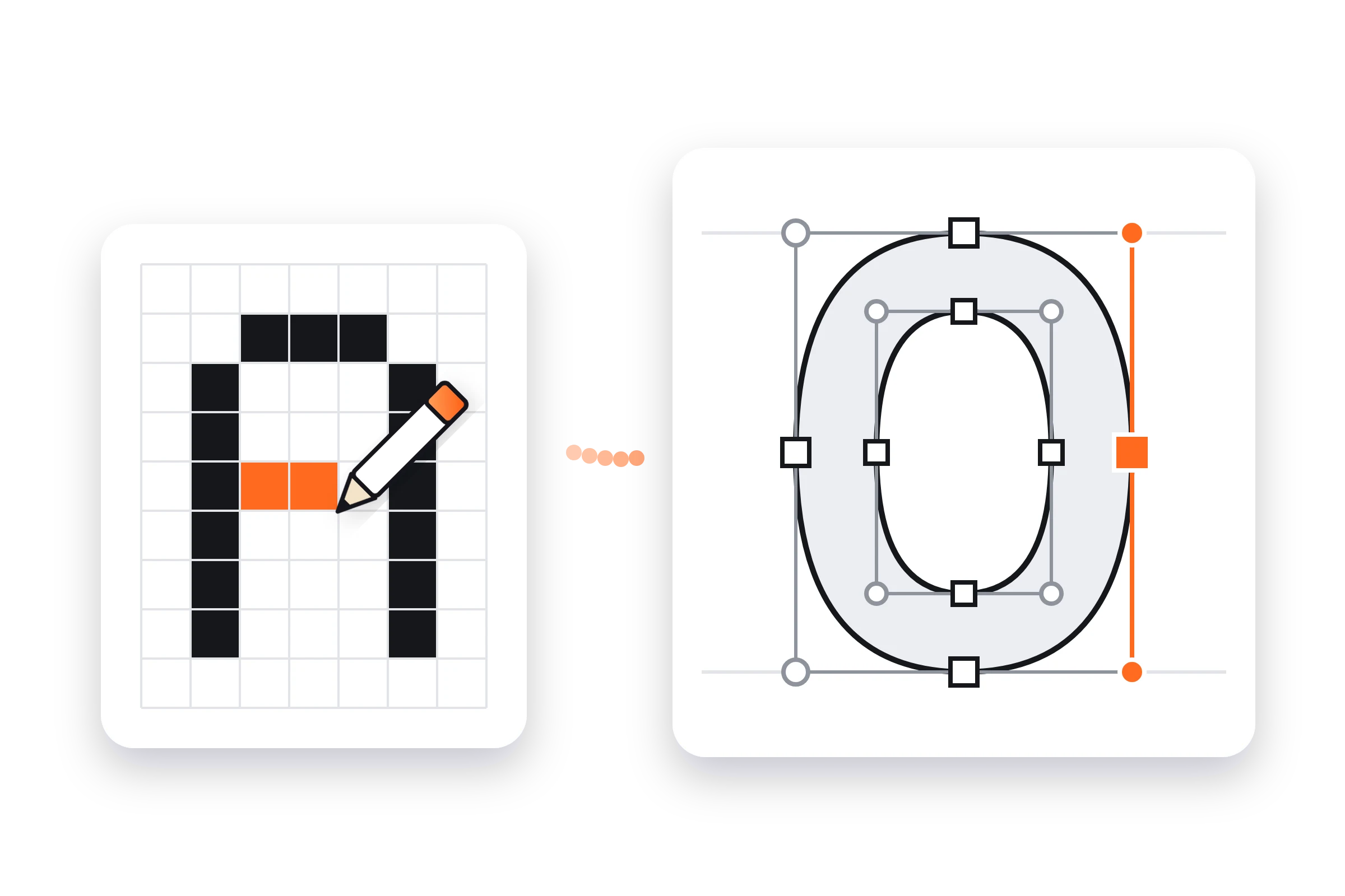 Illustration: a pixel letter A being drawn with a pencil on its grid, beside a smooth letter O with its outline points and handles