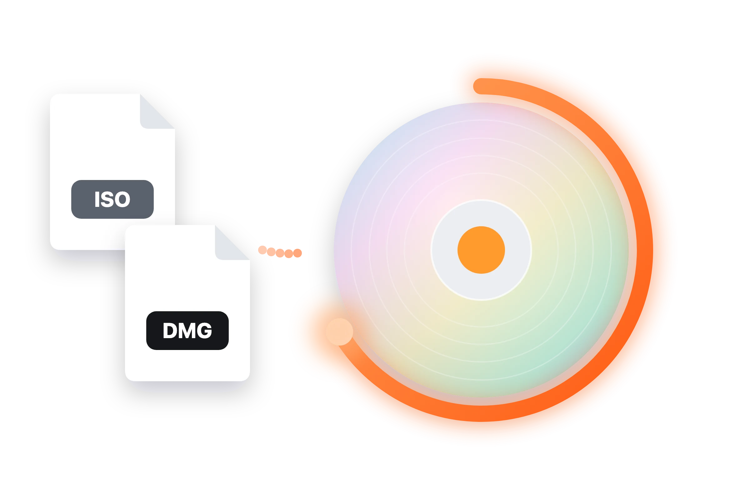 Illustration: ISO and DMG disc images flowing onto a disc as it burns
