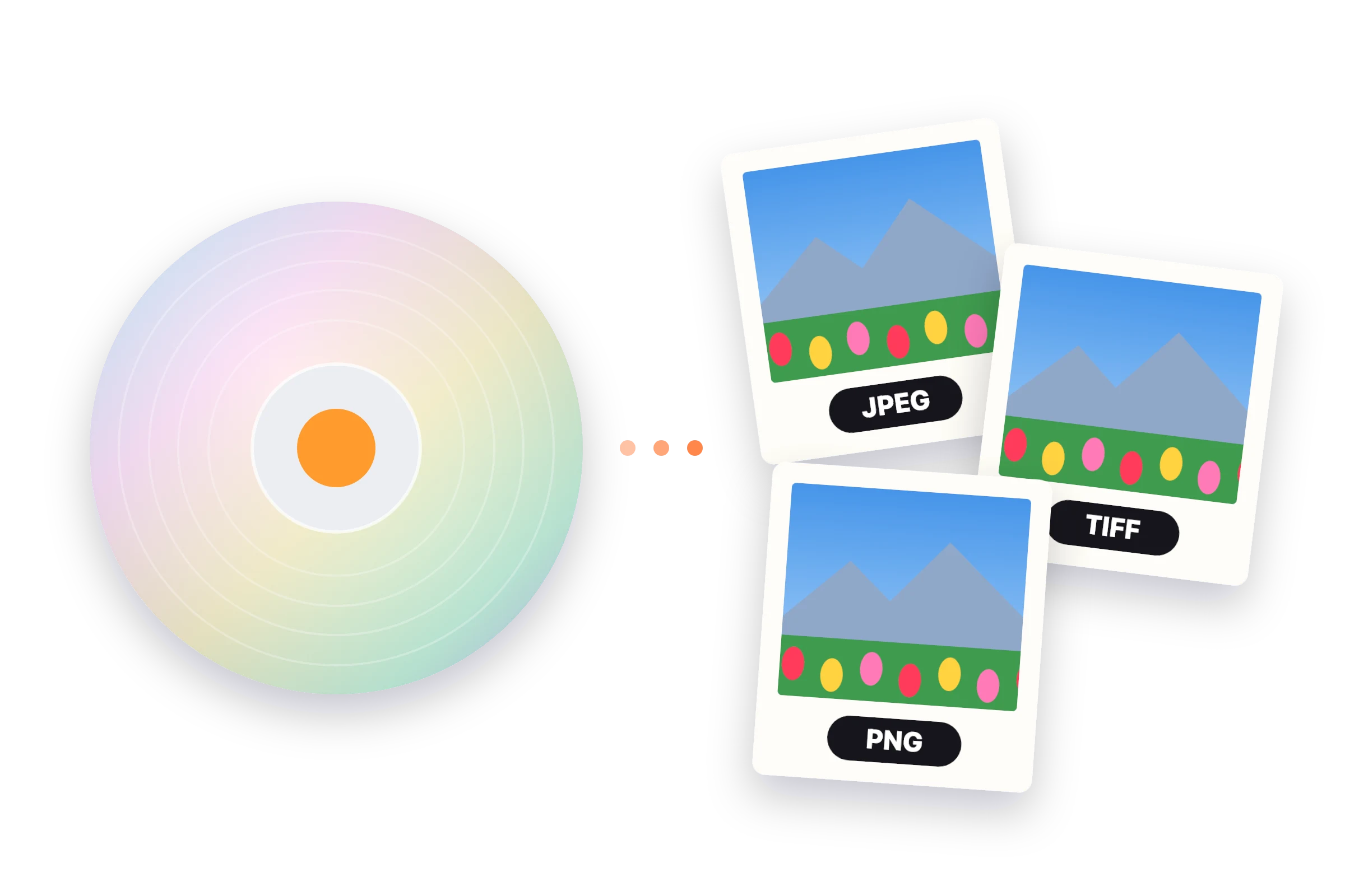 Illustration: a Photo CD turning into JPEG, TIFF and PNG photos