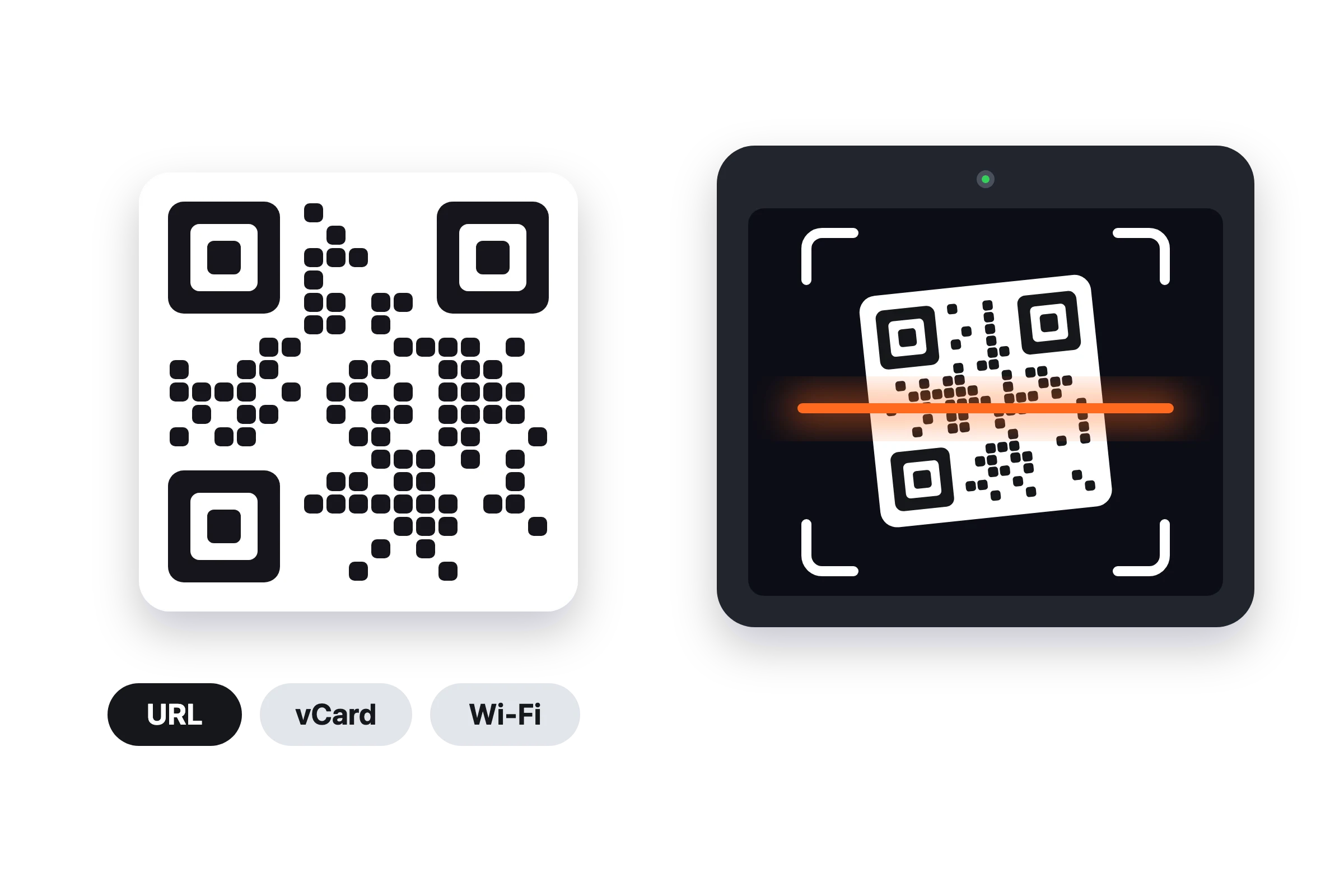 Illustration: making a QR code for a URL, vCard or Wi-Fi, and scanning one with the Mac's camera